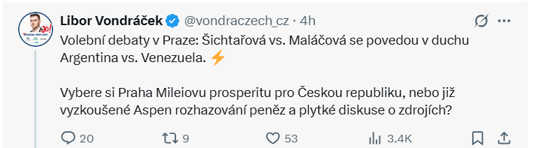 JaroslavBlek3's tweet image. Jsem zvědavý, která strana získá v kampani cenu za nejlepší cosplay Javiera Mileiho.
Cenu za nejlepší cosplay Venezuely už myslím kontumačně vyhrál Lubomír Zaorálek ve vojenské uniformě s baretem.