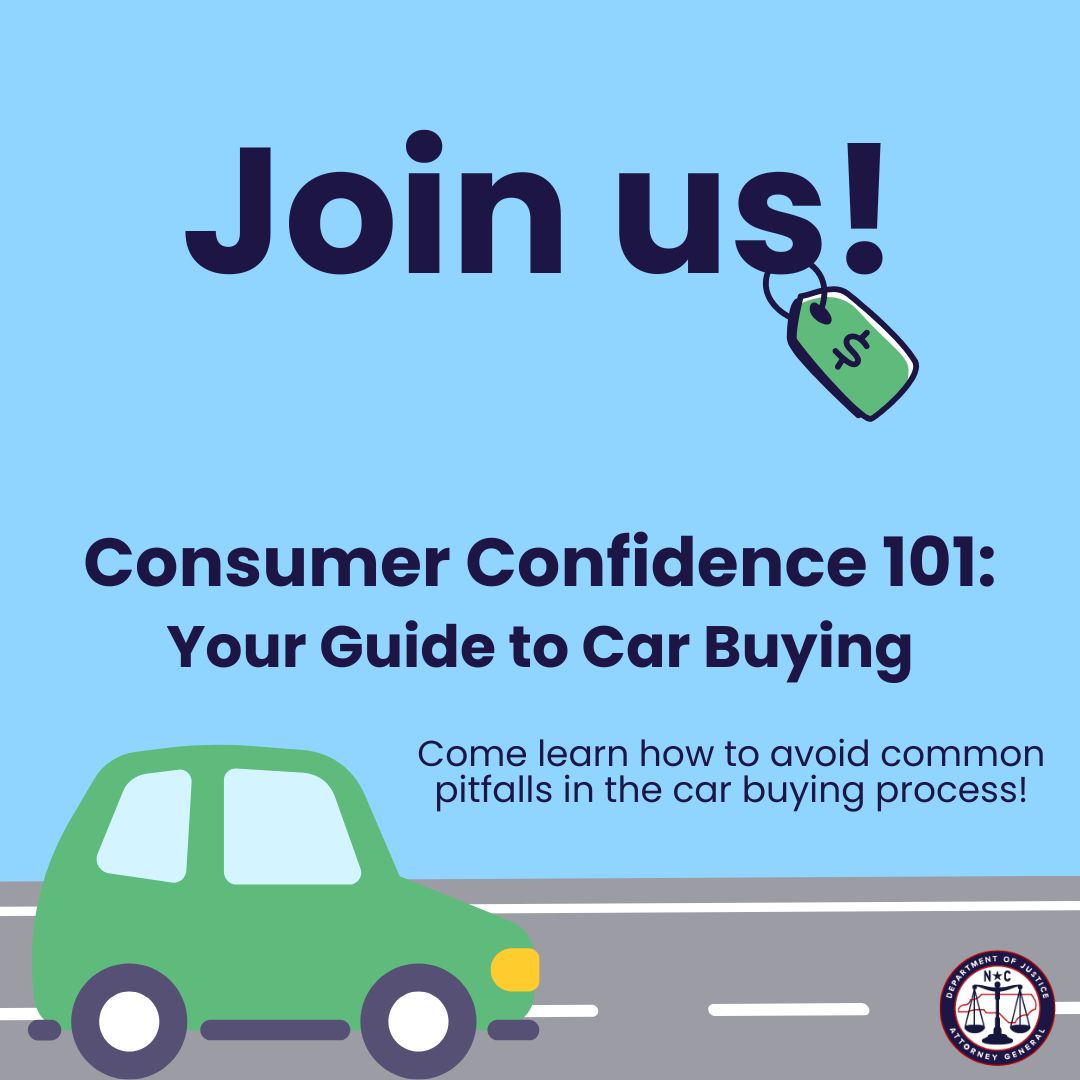 NCAGO's tweet image. We're just over a week out from our seminar, Consumer Confidence 101: Your Guide to Car Buying! Join our Consumer Protection Division on July 29th at 1 PM to learn how to avoid common pitfalls in the car buying process. For more info & to register, visit shorturl.at/WXDO2.