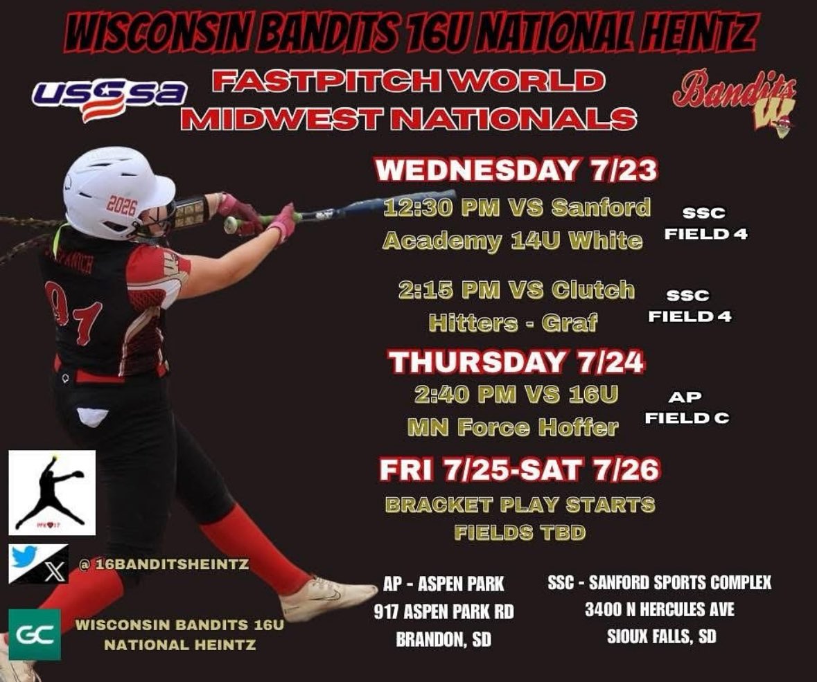 Addison Quackenboss (@addisonquack09) on Twitter photo Today I had a pitching lesson before we head to South Dakota and I hit my personal best underhand velo of 67 mph just after hitting 65 a couple months ago!! <a href="/16BanditsHeintz/">Wisconsin Bandits National - Heintz</a> <a href="/ScoutUrecruit/">ScoutU college recruiting</a>
Tournament Schedule⬇️⬇️ Today I had a pitching lesson before we head to South Dakota and I hit my personal best underhand velo of 67 mph just after hitting 65 a couple months ago!! <a href="/16BanditsHeintz/">Wisconsin Bandits National - Heintz</a> <a href="/ScoutUrecruit/">ScoutU college recruiting</a>
Tournament Schedule⬇️⬇️
