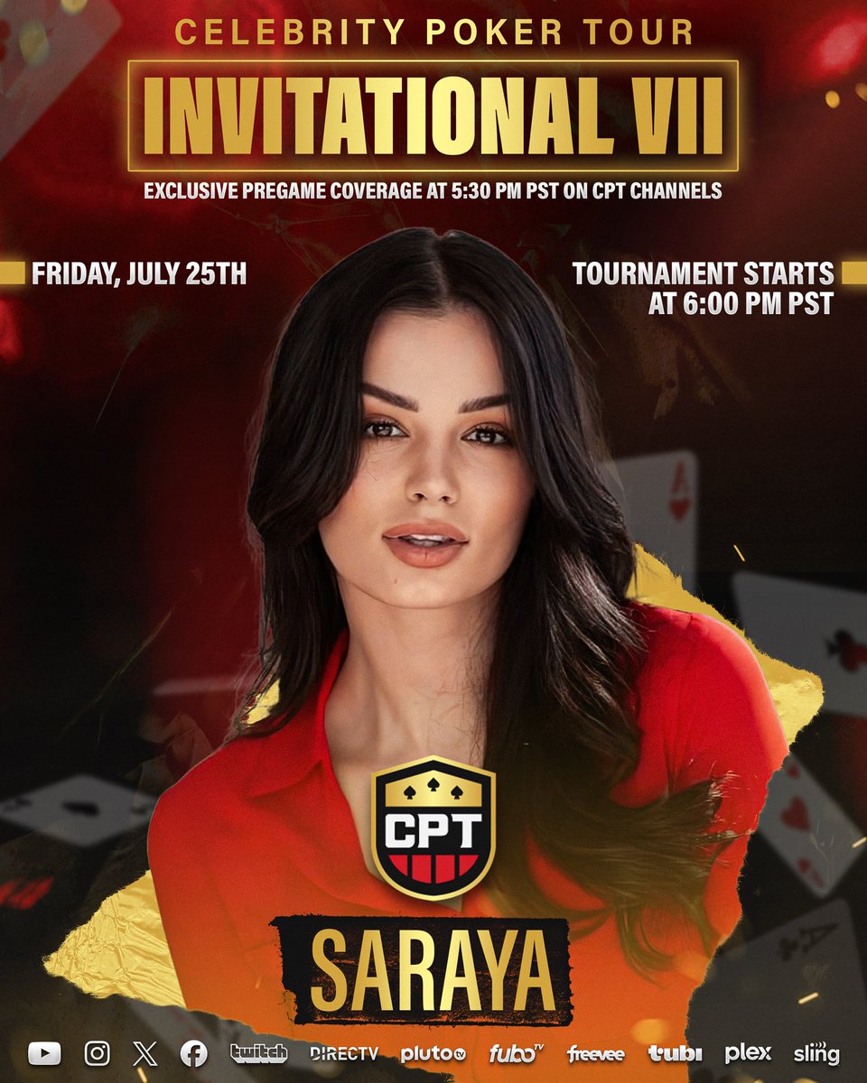 celebpokertour's tweet image. 🚨 @Saraya is IN for INVITATIONAL VII 🚨
You can watch LIVE JULY 25th at 6pm PT on the Celebrity Poker Tour YouTube 🏆
Tune in for exclusive pregame coverage on CPT channels at 5:30pm PT! 🎥