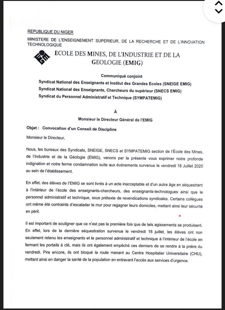 AhmadouAtafa's tweet image. 🔴 Niger : Les syndicats de l’EMIG suspendent leurs activités après la séquestration d’enseignants et de personnel par des élèves en colère le 18 juillet. Ils exigent un conseil de discipline sous 3 jours et des sanctions. #Niamey #EMIG #Éducation