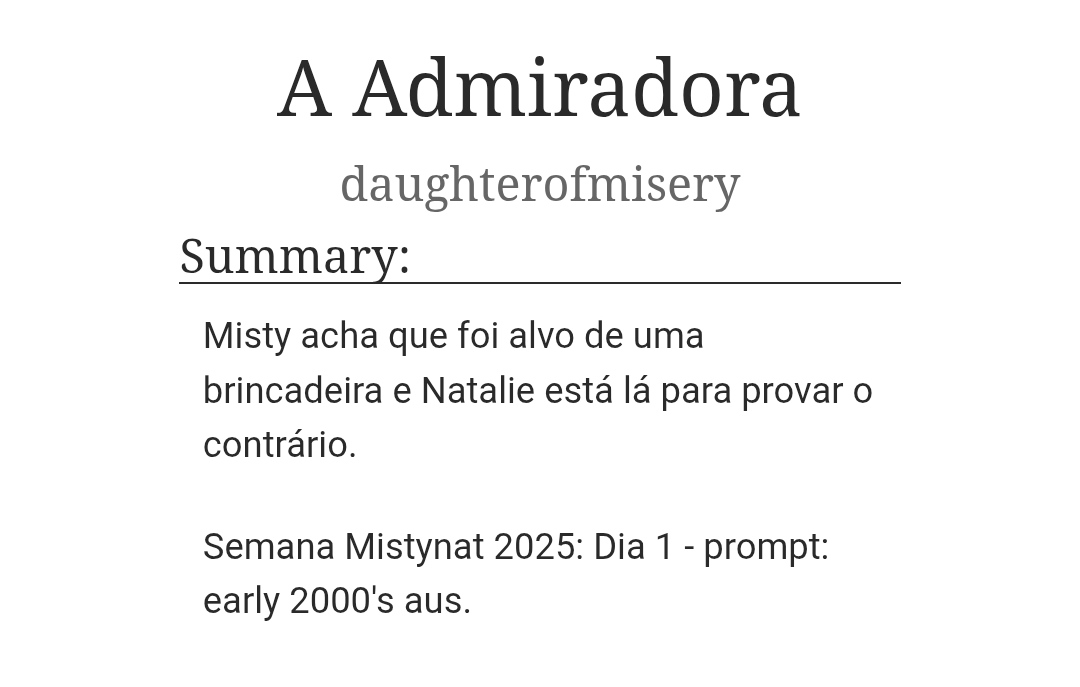 #mistynatweek2025 
Dia 1: prompt: early 2000's aus

archiveofourown.org/works/67928756