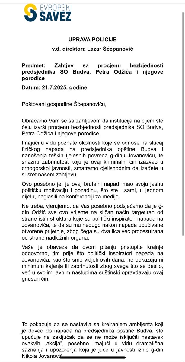Ivan Vujović (@ivanvujovi3) on Twitter photo Podnijeli smo zahtjev da se procijeni bezbjednost za <a href="/OdzicPetar/">Petar Odžić</a>.
Tražimo da Uprava Policije i ANB promptno reaguju. Podnijeli smo zahtjev da se procijeni bezbjednost za <a href="/OdzicPetar/">Petar Odžić</a>.
Tražimo da Uprava Policije i ANB promptno reaguju.
