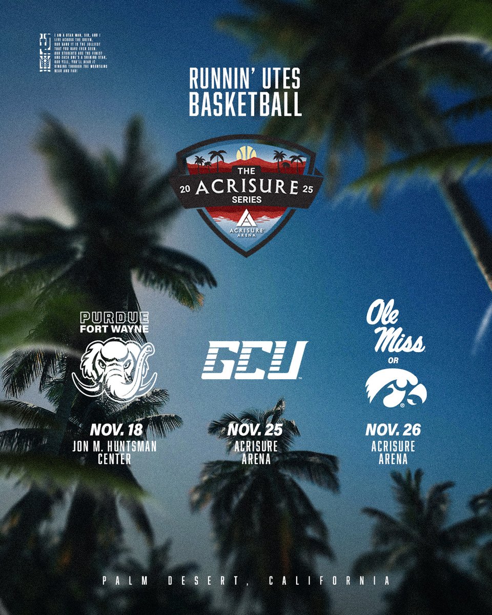 UtahMBB's tweet image. 📰 | Acrisure Series match-ups unveiled with Utah squaring off against Grand Canyon in Palm Desert.
🔗 bit.ly/44Sll4Y
🛒🎟️ utahtickets.com/basketball/
#GoUtes