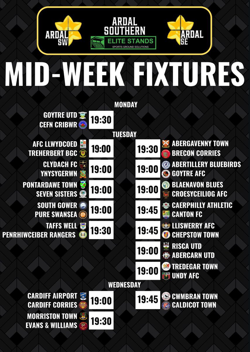 Quick turnaround and we’re back for match day 2:

Starting off tonight with <a href="/GoytreUtd/">Goytre Utd Official®</a> hosting <a href="/CefnCribwrFC/">Cefn Cribwr FC</a> with a 7:30 PM kick off! 

#Ardalsouthern