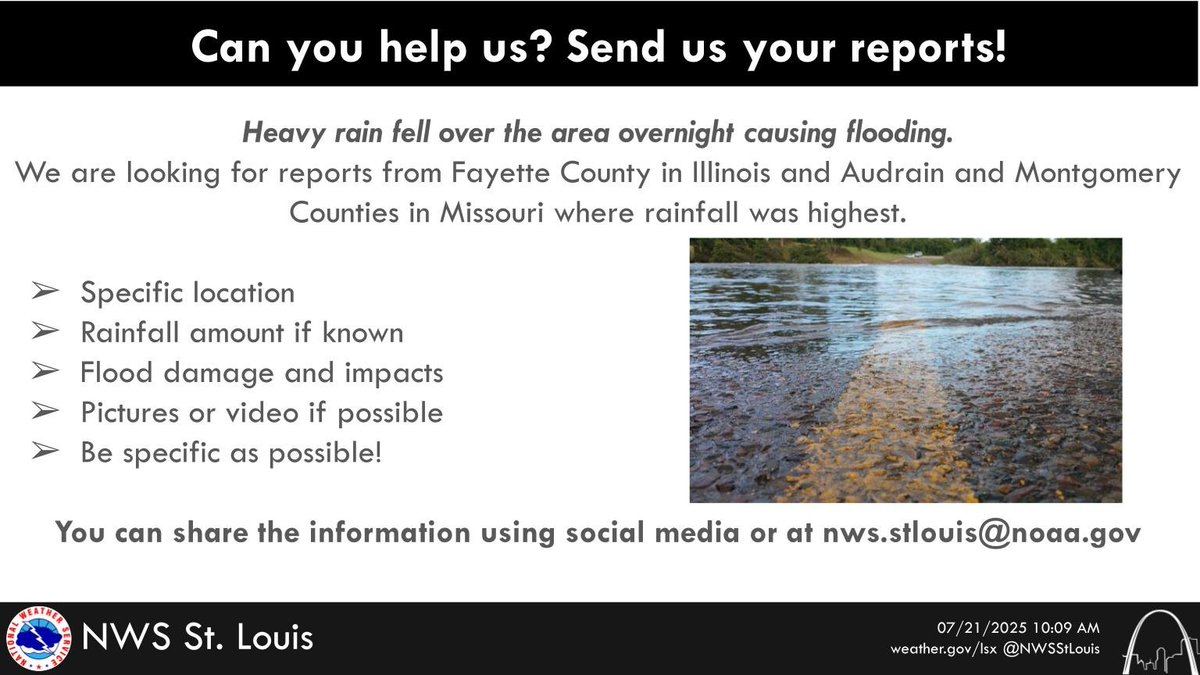 NWSStLouis's tweet image. We are looking for reports from Fayette County Illinois and Audrain and Montgomery Counties in Missouri where rainfall was the heaviest.