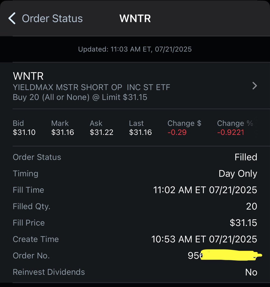 MrShithousery's tweet image. WNTR
Buy-limit order filled.
20 shares @ $31.15.
Comment:
Will continue to DCA when the price is down AND below my avg. buy price.