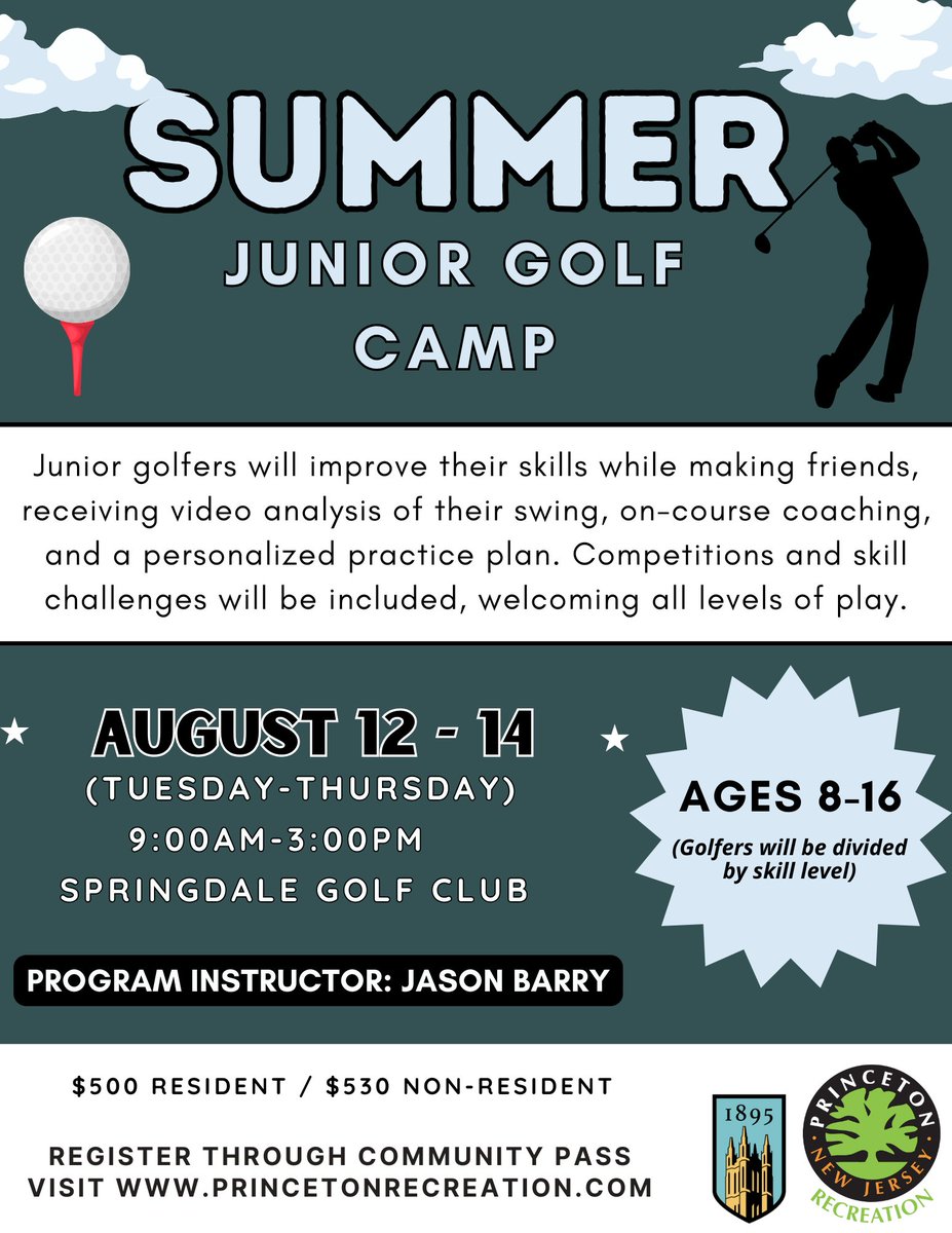 PrincetonRec's tweet image. Want to spend your summer reading...greens? Register now for our junior golf camps at @springdale_gc
with @JasonBarryGolf .
⛳️For More Info: princetonrecreation.com
📷To Register: register.communitypass.net/princeton under "2025 Summer Youth Sports Programs"
@PrincetonNJ_Gov