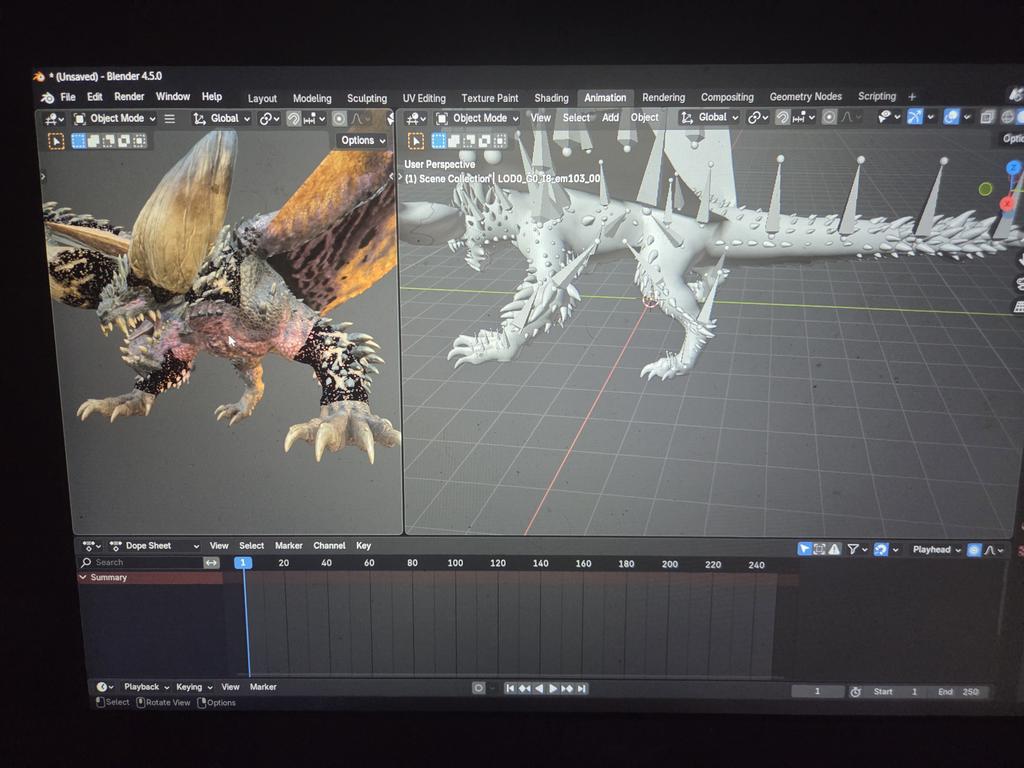 Sensha_'s tweet image. So I just imported a couple monster hunter models to blender because @khitwins inspired me to try my hand at mucking about and making silly high-effort shitposts.
Is- is the armature supposed to be this bad?