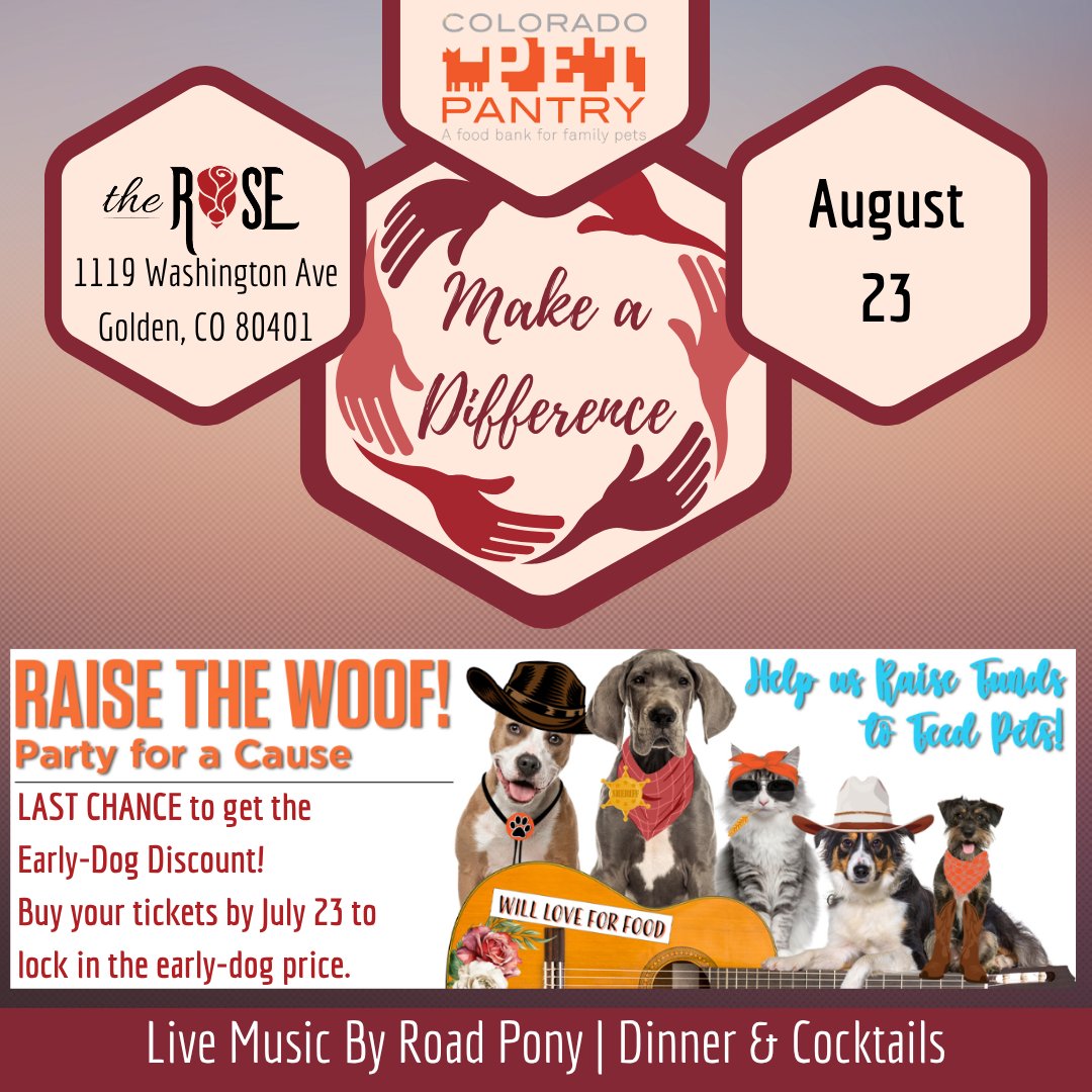 It’s almost time to Raise the Woof! at #TheRoseVenueCO.

🎟️ Tickets are just $125 until July 23!
 Prices go up after that—so fetch your Early-Dog deal now before it’s gone!

 🐶 🐱 Grab your tickets here: bit.ly/4ncaqeJ

#ColoradoPetPantry #RaiseTheWoof
