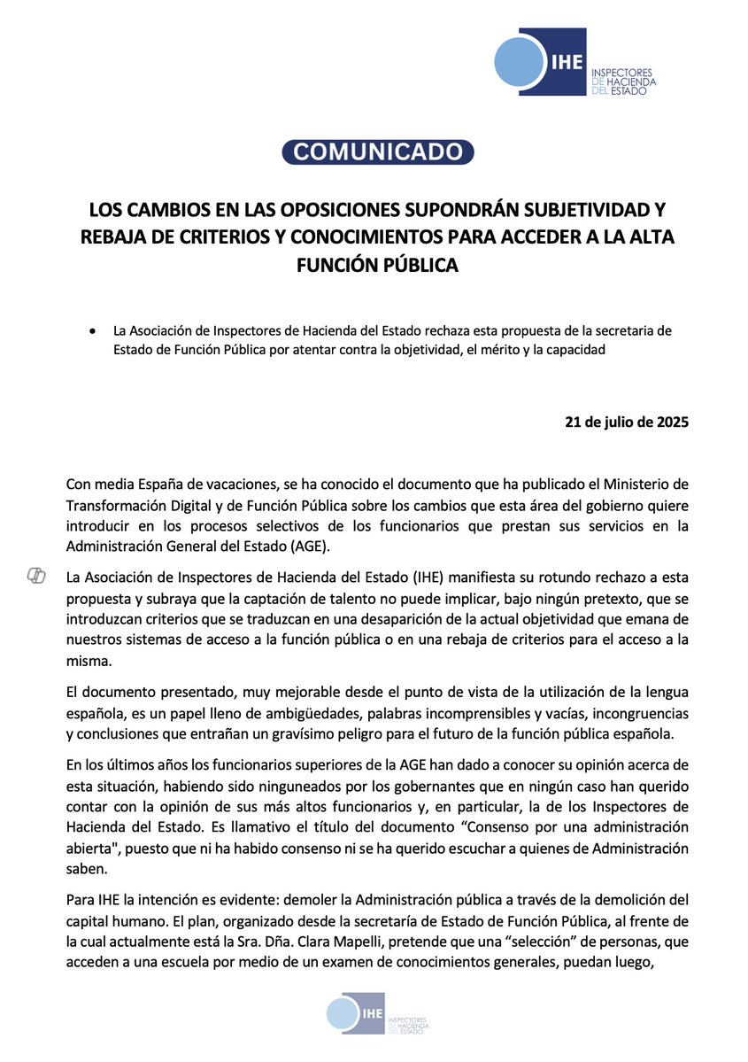 Inspectores_IHE's tweet image. 🗣️ 𝗣𝗮𝗿𝗲𝗰𝗲 𝗾𝘂𝗲 𝘀𝗲 𝗽𝗿𝗲𝘁𝗲𝗻𝗱𝗲 𝗱𝗲𝗺𝗼𝗹𝗲𝗿 𝗹𝗮 𝗔𝗱𝗺𝗶𝗻𝗶𝘀𝘁𝗿𝗮𝗰𝗶𝗼́𝗻 𝗽𝘂́𝗯𝗹𝗶𝗰𝗮 𝗮 𝘁𝗿𝗮𝘃𝗲́𝘀 𝗱𝗲 𝗹𝗮 𝗱𝗲𝗺𝗼𝗹𝗶𝗰𝗶𝗼́𝗻 𝗱𝗲𝗹 𝗰𝗮𝗽𝗶𝘁𝗮𝗹 𝗵𝘂𝗺𝗮𝗻𝗼
📑 Nuestro comunicado expresando nuestro rechazo a unos cambios en las…