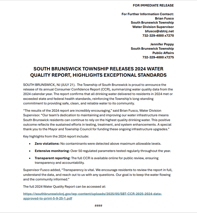 SoBrunswickTwp's tweet image. ๐ง South Brunswickโs 2024 Water Quality Report is out!
โ
0 violations
โ
No contaminants above limits
โ
Exceeds all state & federal standards
Your water is clean, safe & reliable.
๐ Read more: southbrunswicknj.gov/wp-content/uplโฆ
#SouthBrunswick #WaterQuality