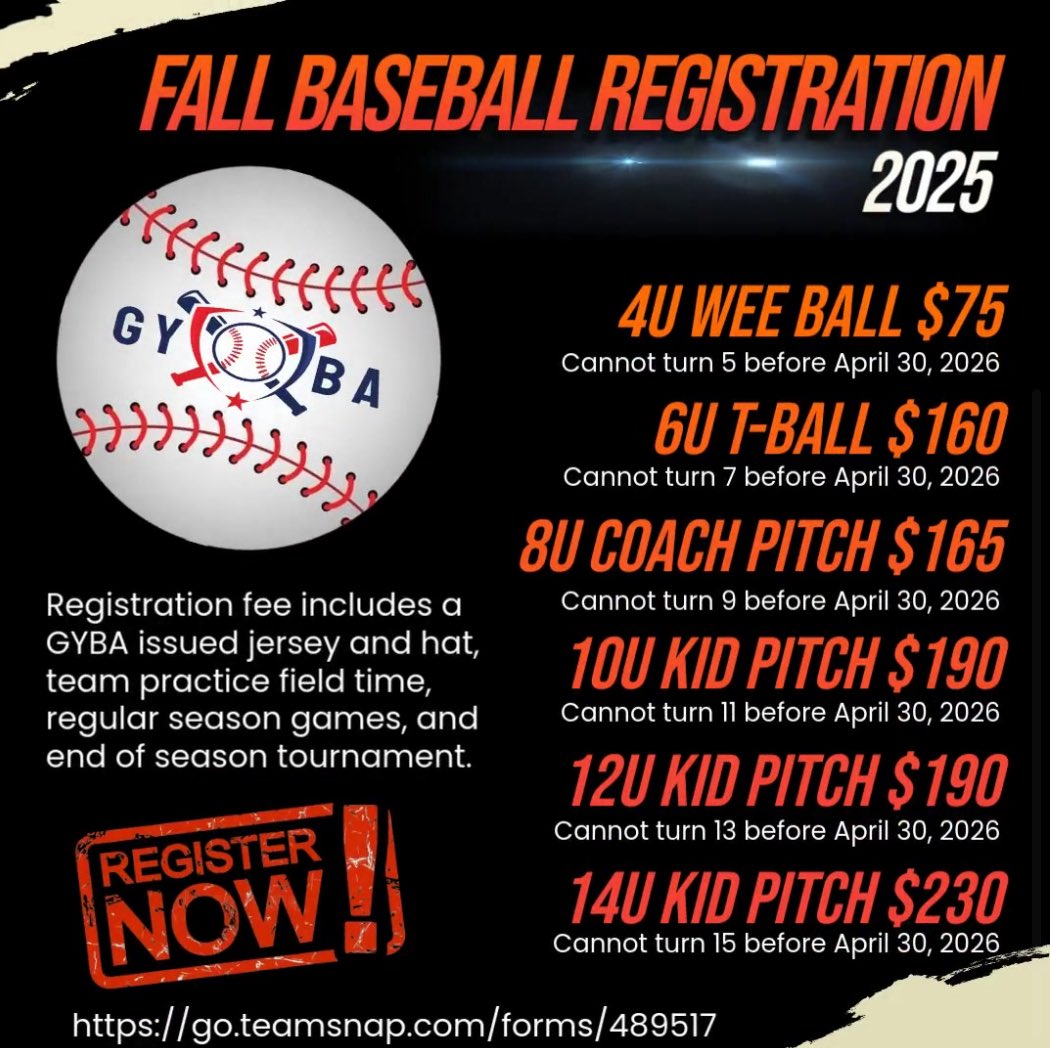 GYBATX's tweet photo. It’s that time of year again! Fall Ball 2025 is filling up fast! Register today!! everyone

Link: https://t.co/CZ9NwSs6BS 

#baseball #beisbol #LocalLeague #GTX #gyba #recball #fallball #RegisterNow #registertoday https://t.co/w38CDYgPgG