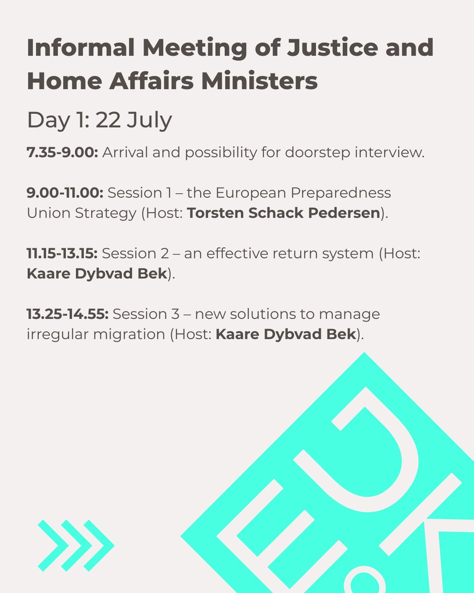 eu2025dk's tweet image. Security, justice and resilience are high on the agenda this week.
EU justice and home affairs ministers meet in Denmark to tackle shared challenges across borders 🇪🇺
👉Read the programme here: danish-presidency.consilium.europa.eu/en/events/info…