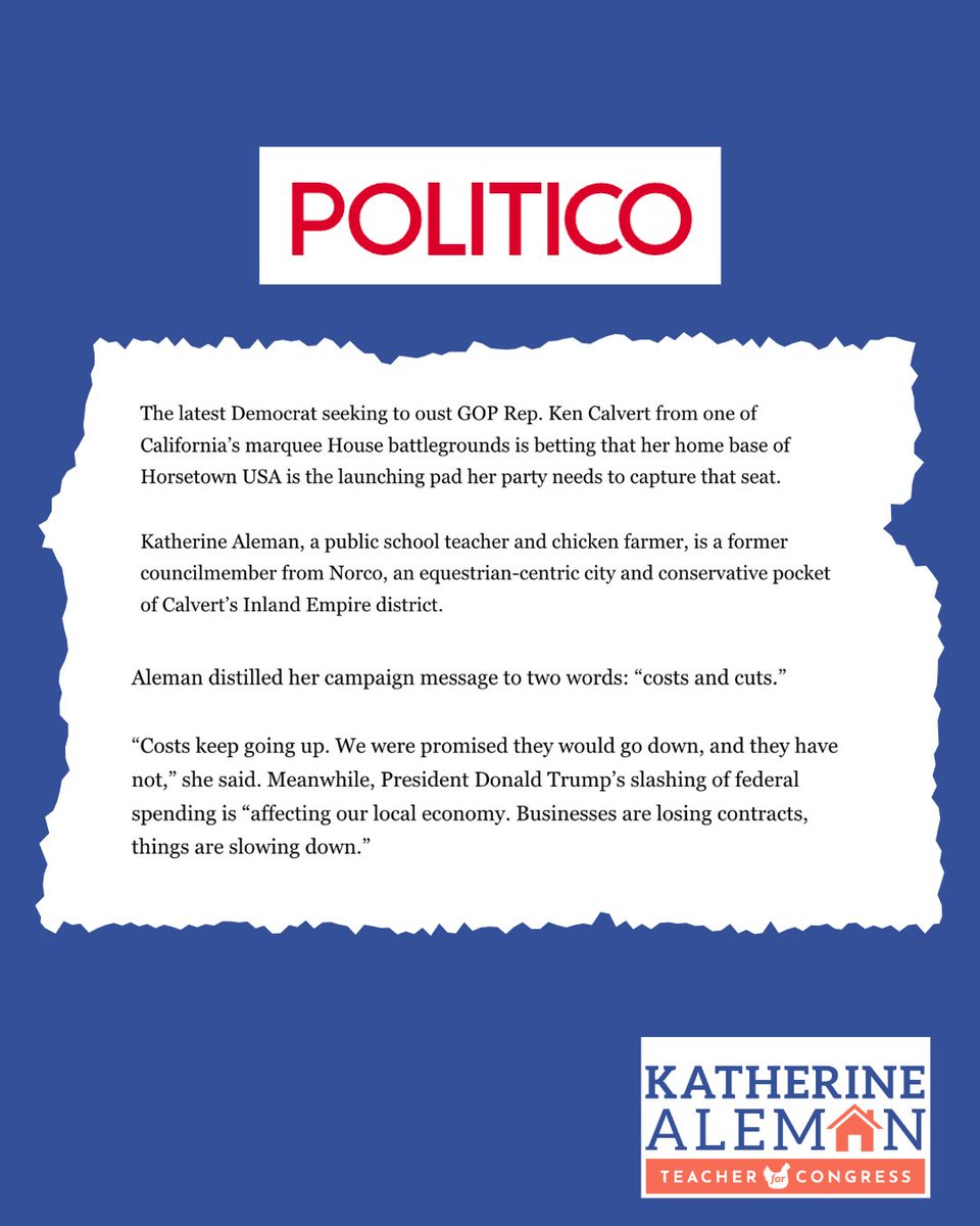 cmkaleman's tweet image. I'm a Norco teacher, mom, and small business owner running to fight for families like mine. That’s why I’m the candidate who can bring voters together in #CA41 to win this seat. It’s time to finally end Ken Calvert’s three decades in Congress. politico.com/news/2025/07/2…