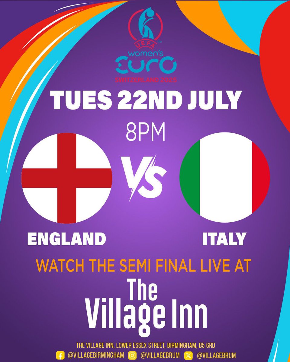 VillageBrum's tweet image. READY FOR A SEMI 🦁 ⚽️ 🏴
The women’s euros is back TOMORROW night with the Semi Final LIVE on the BIG screen here at the Village! ⚽️
England 🏴 v Italy 🇮🇹
⏰ Kick off 8pm