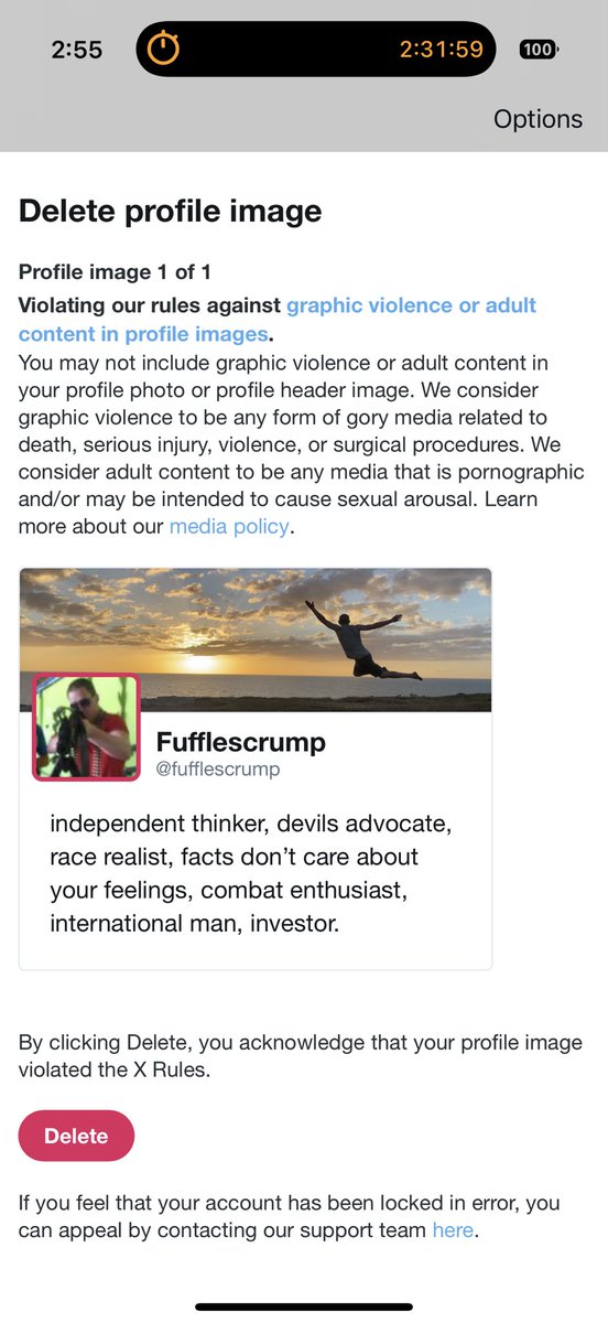 Yo! <a href="/elon/">Elon</a> Hey! I DO NOT!!! Agree I violated your rules. Your asshat appeal process link just brought me to a page that gave me the option of admitting guilt. There was no appeal process available at all. You guys claimed both that my profile image that I’ve had for around 5 years