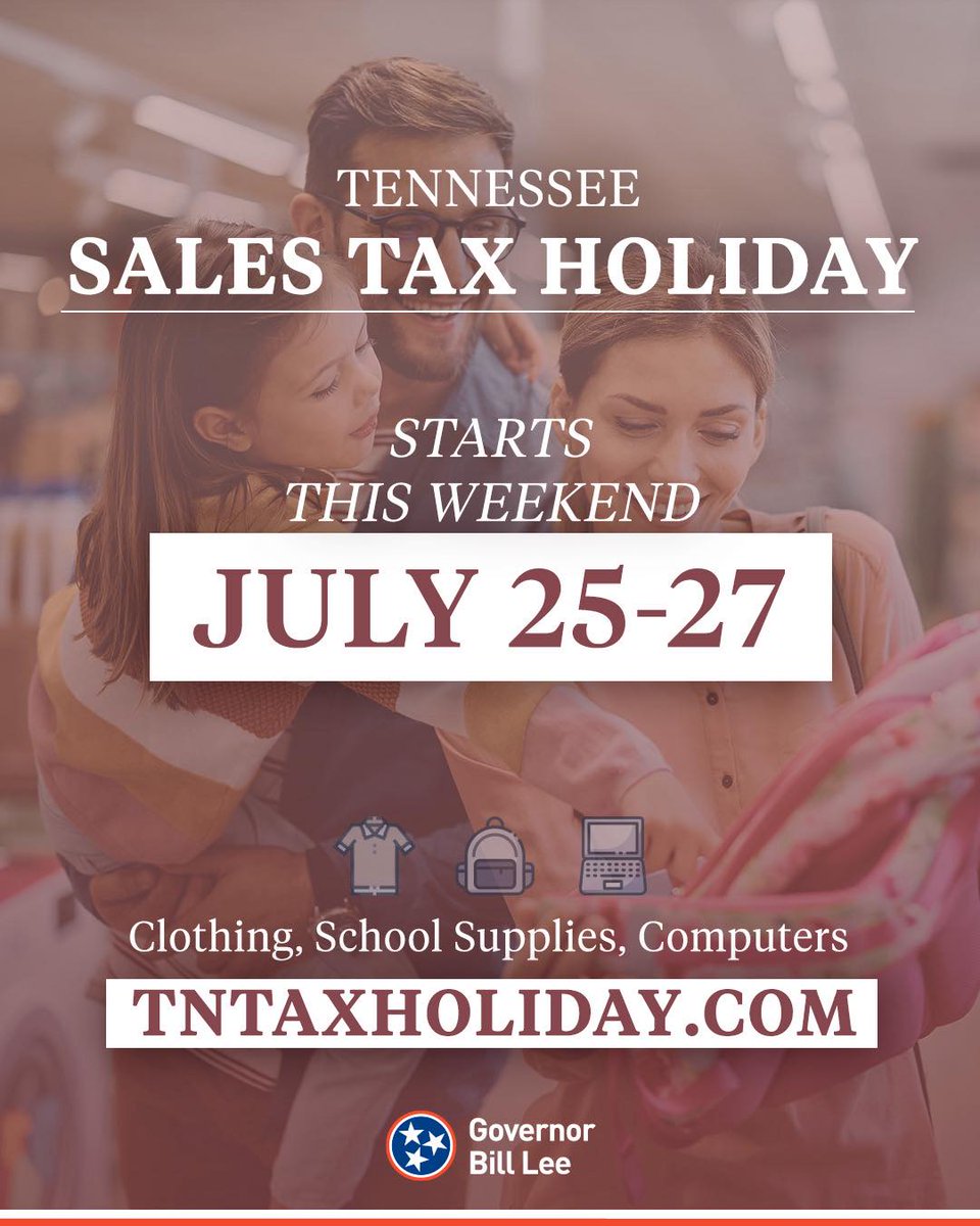 TNECD's tweet image. TN's sales tax holiday is right around the corner. 👀
From July 25–27, shoppers can enjoy tax-free savings on clothing, school supplies and computers, just in time for back-to-school season.
Take advantage of this annual opportunity to support local businesses and save on…