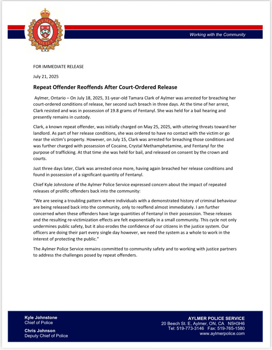 Repeated breaching of conditions by prolific offenders has exponential reach in small communities. This case is just one example of many that we deal with on a regular basis. This time, three days into a judicial release, the accused resisted arrest and arrested again.