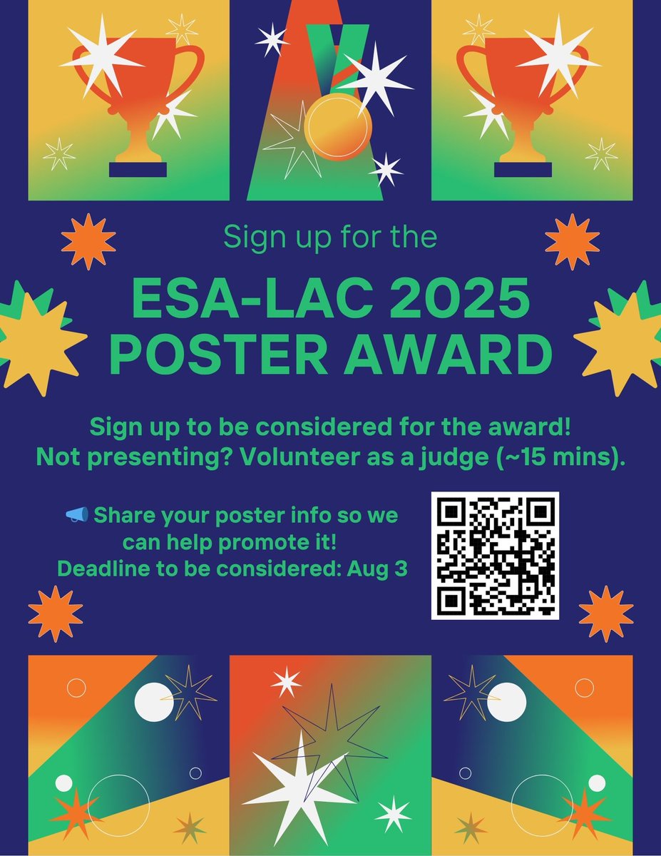 🏆 ESA-LAC Poster Award at #ESA2025! 🏆

Attention chapter members! Sign up before Aug 3rd to be considered!

Not presenting? You can still help by serving as a judge (~15 mins of your time!).

📢Plus: Share your talk/poster so we can promote your work! 
docs.google.com/forms/d/e/1FAI…