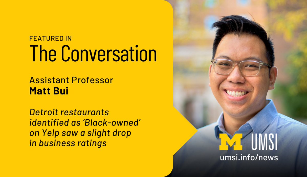umsi's tweet image. When Yelp added a “Black-owned” tag in 2020, Black-owned restaurants in Detroit got a boost in visibility ... and a dip in ratings.
This study looks at what happens when digital interventions collide with real-world bias. myumi.ch/qZQke