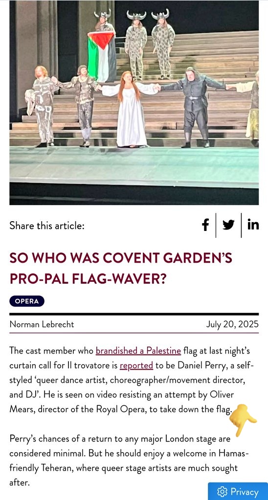 Norman Lebrecht using his platform for being sarcastic about two very serious issues:
1. The genocide of Palestinians 
2. The persecution and discrimination of LGTBIQ+ people in Iran.
#Shame