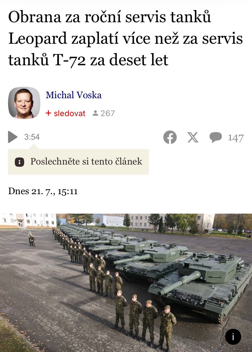 metnarl's tweet image. Za servis tanků Leopard platíme ročně víc, než jsme dali za T-72 za 10 let.

🔧 880 milionů ročně, bez soutěže.
📉 České firmy se mají zapojit až za 3 roky.
💸 Přes 6 miliard korun celkem.

👉 Takto vypadá „modernizace“ armády podle vlády. Draze, netransparentně, bez jistoty, že…