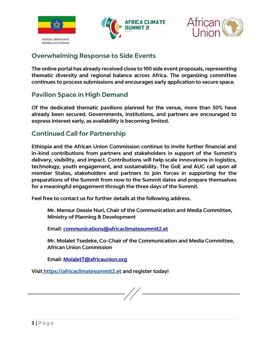 𝐏𝐑𝐄𝐒𝐒 𝐑𝐄𝐋𝐄𝐀𝐒𝐄 #ACS2 takes shape with clear focus on real outcomes and African Leadership.
🌍 #climate
<a href="/ACS2ET/">Africa Climate Summit 2</a>
#AUC #ClimateActionNow
<a href="/MoPD_Ethiopia/">Ministry of Planning and Development - Ethiopia</a>