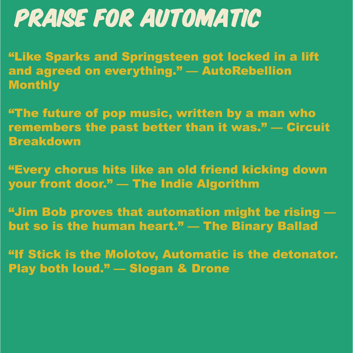 mrjimBob's tweet image. Some early reviews for Automatic and Stick.