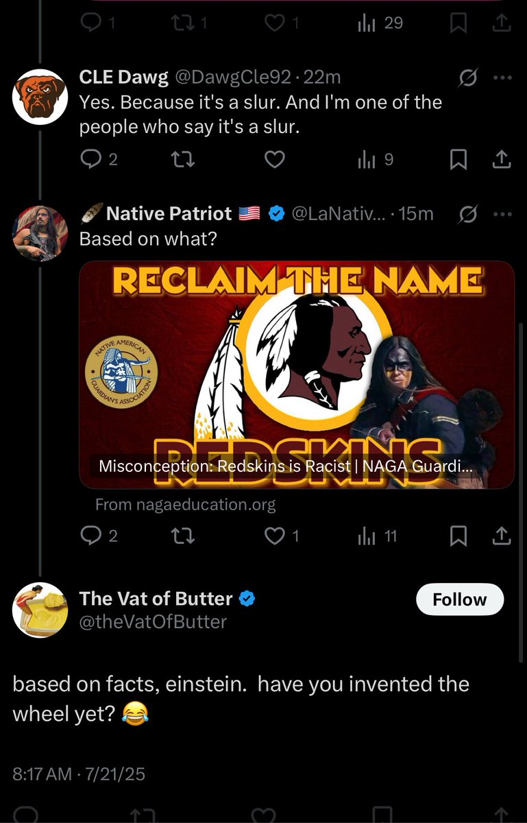 LaNativePatriot's tweet image. The party of tolerance strikes again!
I love hearing how Redskins is racist from non natives, presumably to declare how not racist they are
As they…. Ask if my people have invented the wheel yet. Subtle racism… but they ALWAYS have some kind of comment like this. Always