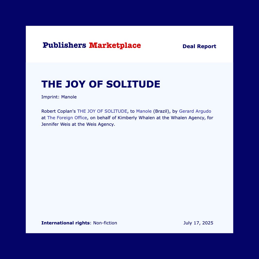 🎉 Excited to announce another new international deal for Dr. Robert Coplan. THE JOY OF SOLITUDE has sold to Manole (Brazil). Congratulations, <a href="/rjcoplan/">Robert Coplan</a>!🎉 #amagenting #bookdeal
