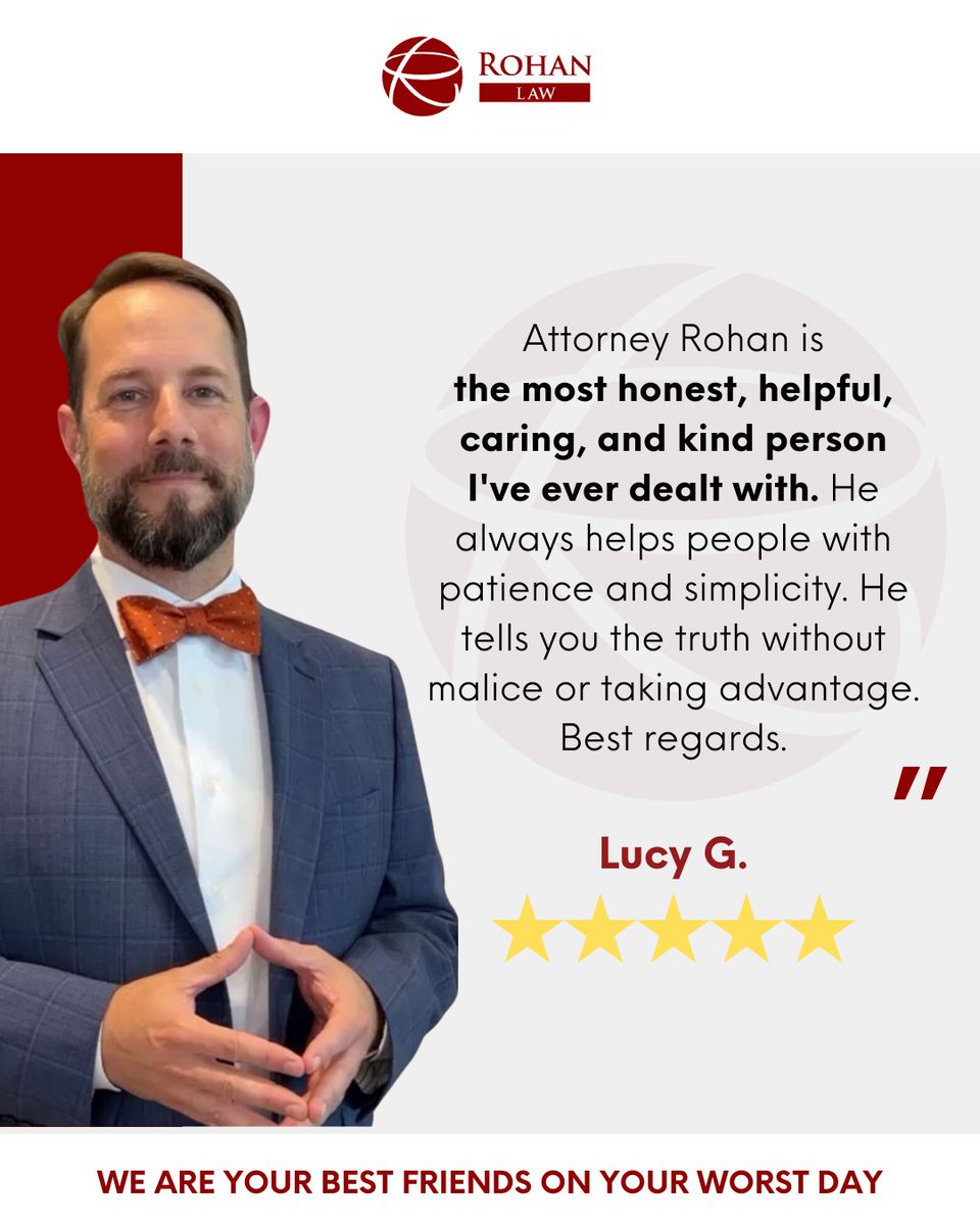 RohanLawPC's tweet image. Lucy, thank you so much for your kind and thoughtful words! Knowing that you felt supported and treated with kindness means the world to us. We’re always here to help, we are your best friends on your worst day. #testimonial
Call us at 📱404.923.0446 for your FREE consultation.