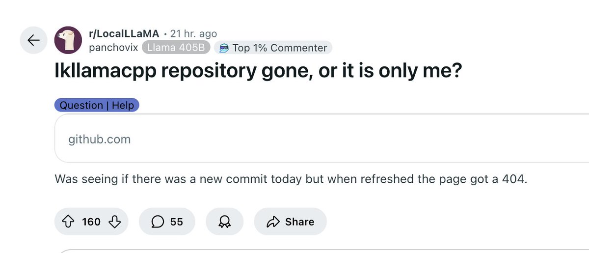 ngxson's tweet image. ik_llama.cpp was taken down by @github
I believe this was done by mistake. Please restore the repo and his account. Thank you 🙏