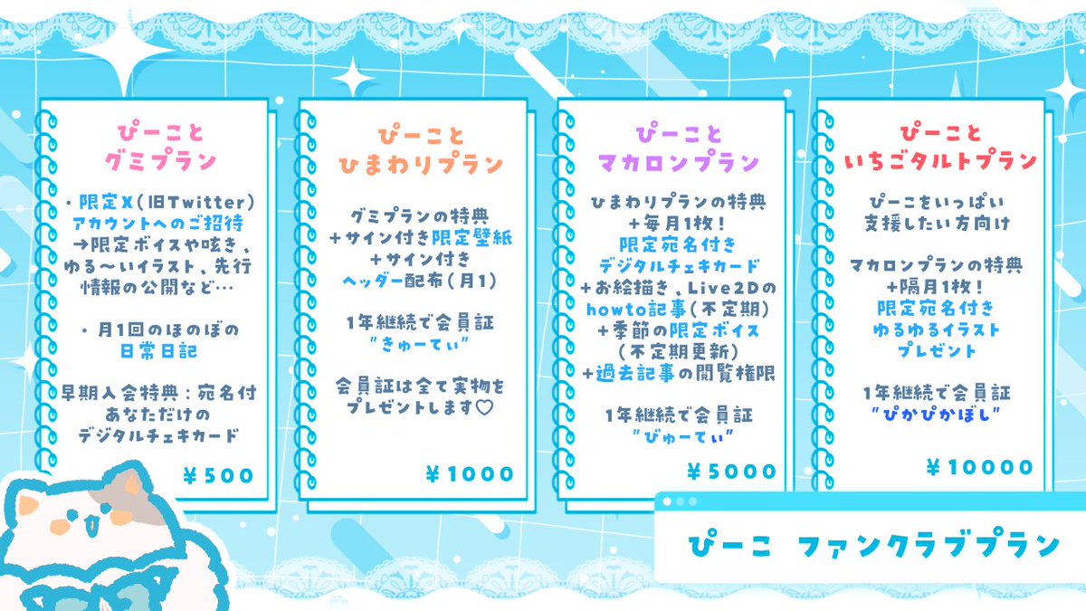 piko_pinapi's tweet image. /
ファンクラブ告知🩵その②
\
プランの詳細が公開されました🐹*゜
至らない点も多いかと思いますが、皆さんに最高のコンテンツを届けられるクリエイターになるため頑張りますっ!!
ご検討いただけますと
とってもとってもとってもとっても
嬉しいです~~~~😭😭😭