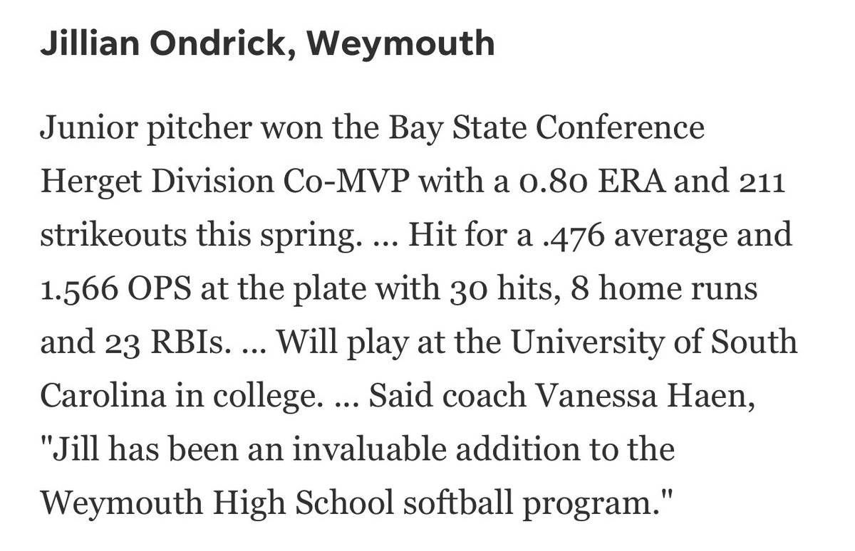 Jillian Ondrick 2026 (@ondrick_jillian) on Twitter photo Thank you so much <a href="/GlobeSchools/">Boston Globe Schools</a> and <a href="/sports_ledger/">Patriot Ledger sports</a> for recognizing me as an All-Scholastic and First Team athlete for the 2025 season! Thank you so much <a href="/GlobeSchools/">Boston Globe Schools</a> and <a href="/sports_ledger/">Patriot Ledger sports</a> for recognizing me as an All-Scholastic and First Team athlete for the 2025 season!