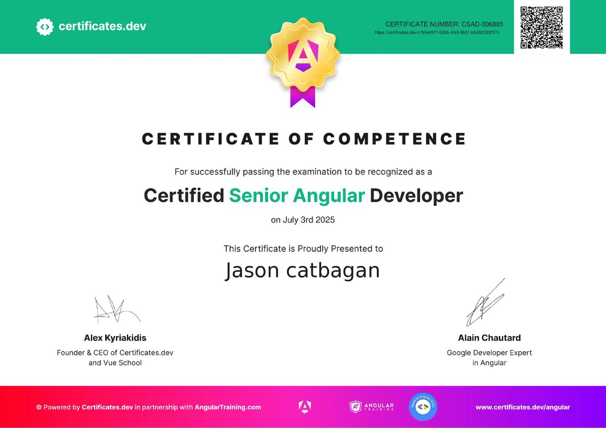 CertificatesDev's tweet image. Huge congratulations to Jason Catbagan from France for earning our Senior Angular Certification! 🎉 🇫🇷
This certification reflects advanced knowledge and hands-on experience with real-world Angular challenges.
Well done, Jason - you've earned it! 👏🔥