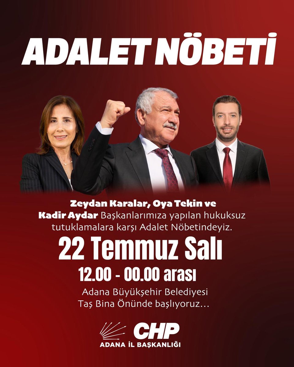 chpadanail's tweet image. Zeydan Karalar, Oya Tekin ve Kadir Aydar Başkanlarımıza yapılan hukuksuz tutuklamalara karşı Adalet Nöbetindeyiz.
22 Temmuz Salı
12.00-00.00 arası
Adana Büyükşehir Belediyesi Taş Bina Önünde başlıyoruz...