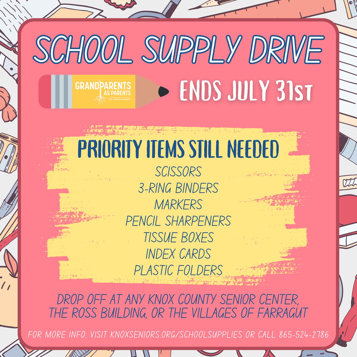 The Grandparents as Parents school supply drive is still going strong, but there are some priority items that we are keeping an eye out for! For a full list of needed items and drop-off locations, visit knoxseniors.org/schoolsupplies or give us a call at 865-524-2786. #GAPTipTuesday