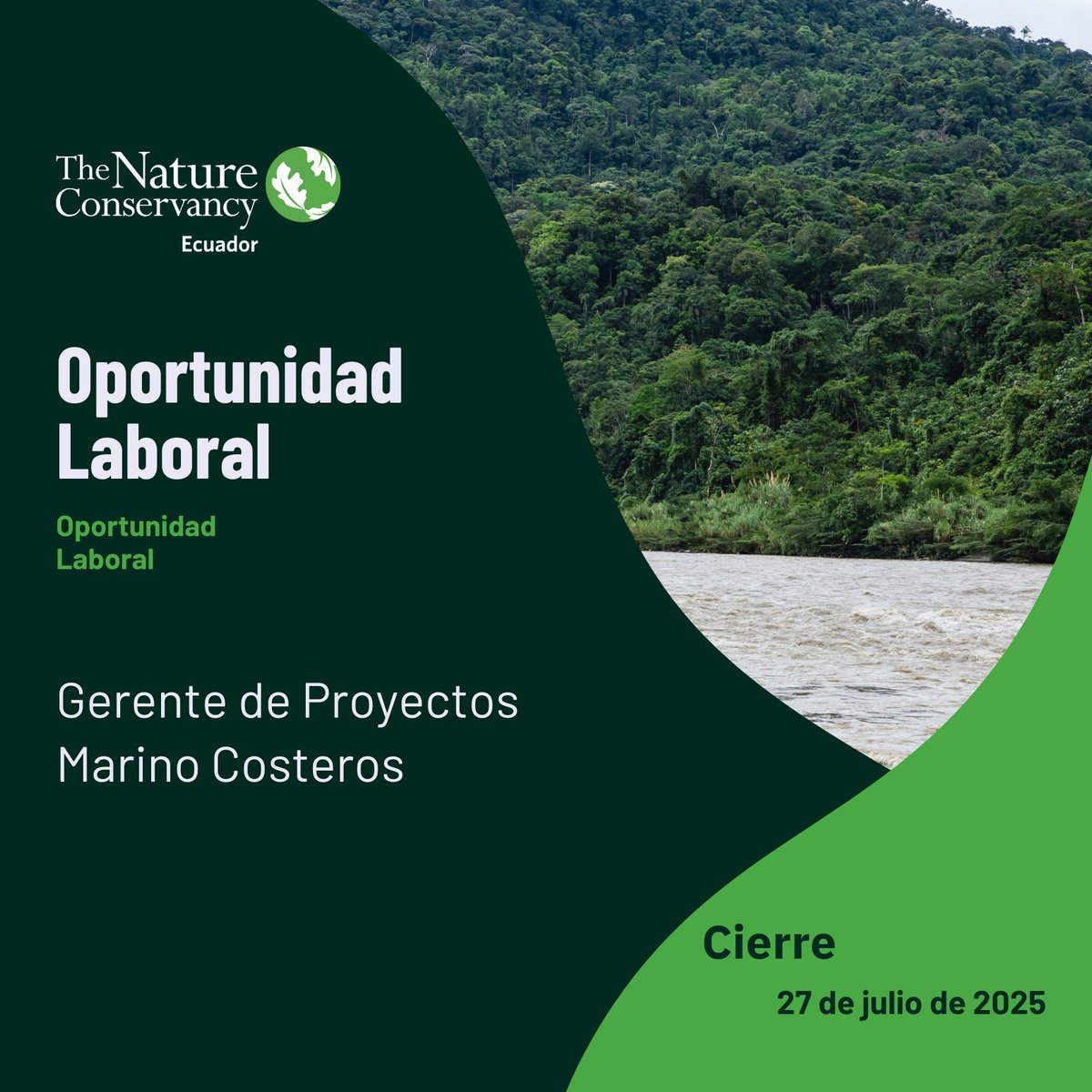 #OportunidadLaboral
Buscamos Coastal Marine Program Manager en Guayaquil 🌊 ¿Tienes experiencia en conservación marina y trabajo con comunidades? 
Postula aquí 👉 careers.tnc.org/.../Coastal-Ma…