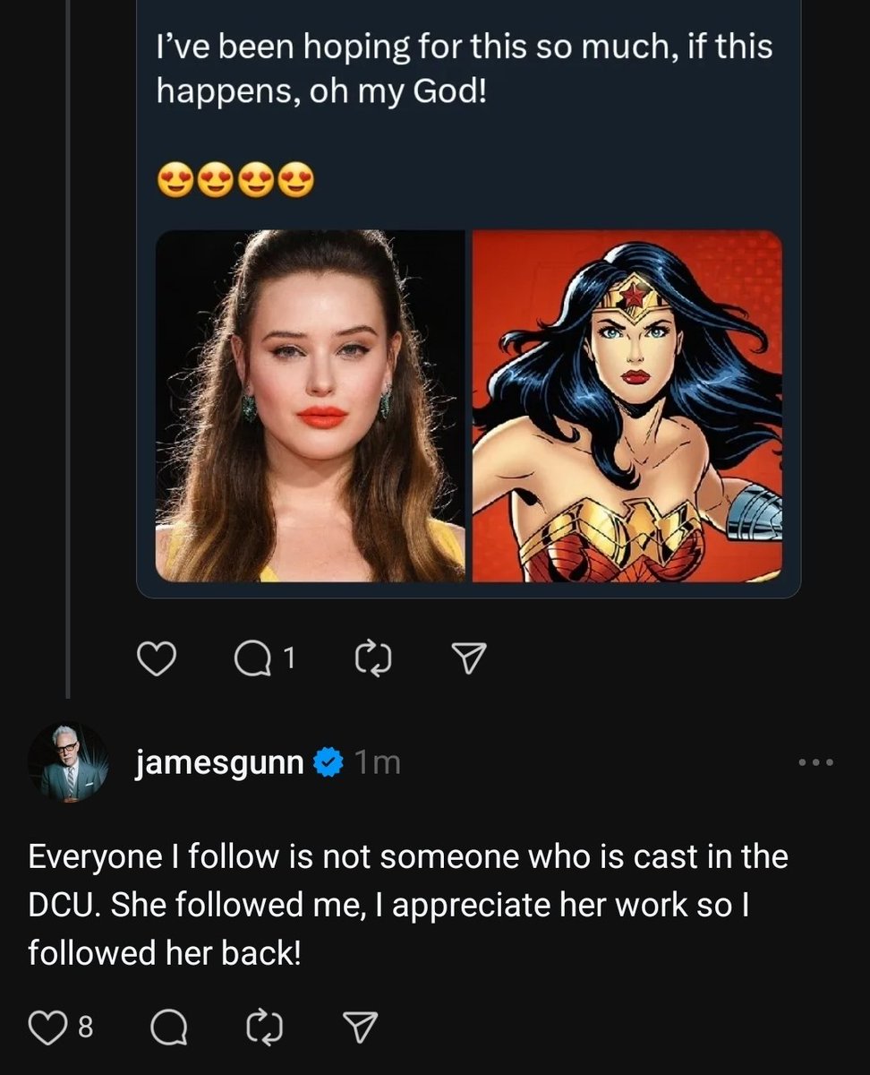 dcuworld's tweet image. James Gunn says not to believe everyone he follows on instagram will get cast in the DCU!
"Everyone I follow is not someone who is cast in the DCU. She followed me, I appreciate her work so I followed her back!"