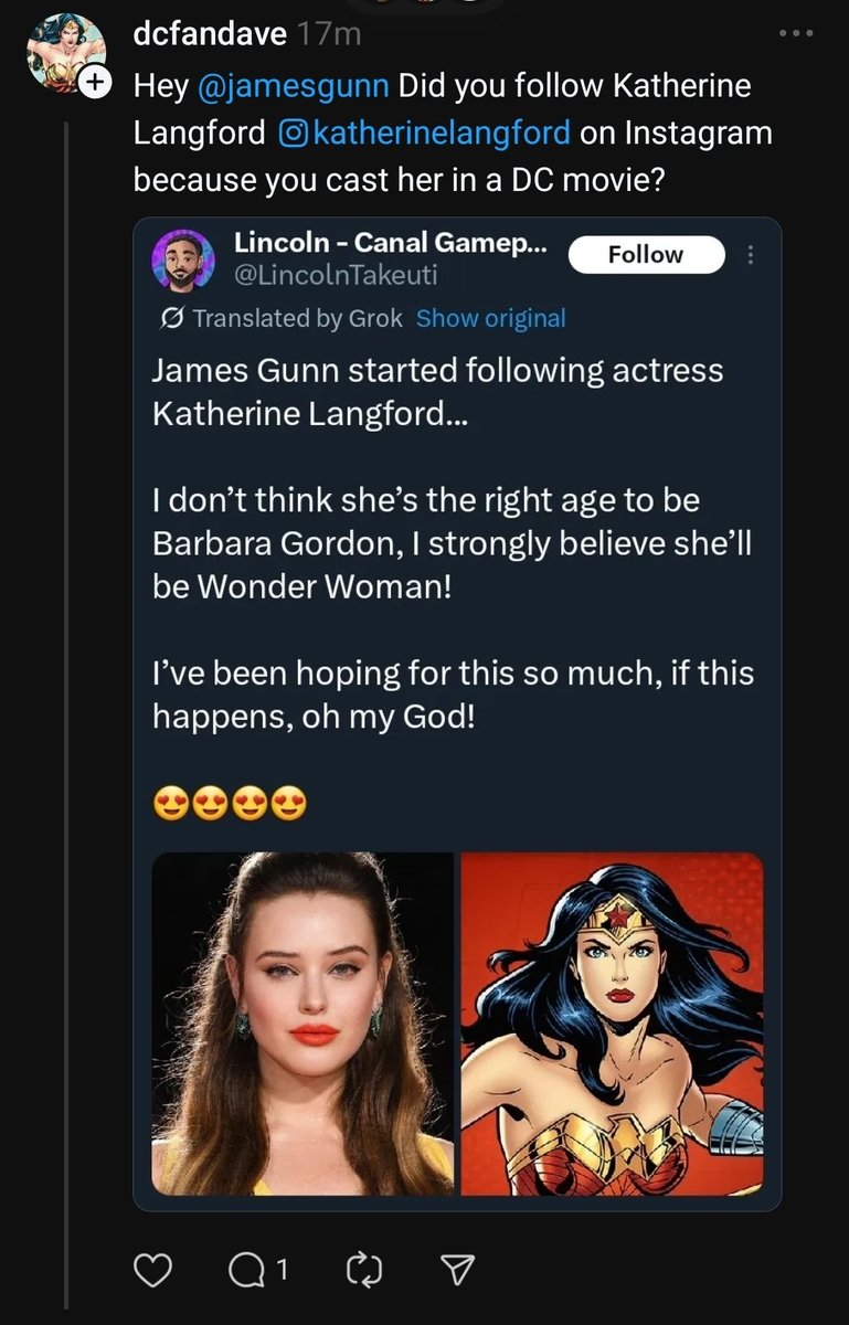 dcuworld's tweet image. James Gunn says not to believe everyone he follows on instagram will get cast in the DCU!
"Everyone I follow is not someone who is cast in the DCU. She followed me, I appreciate her work so I followed her back!"