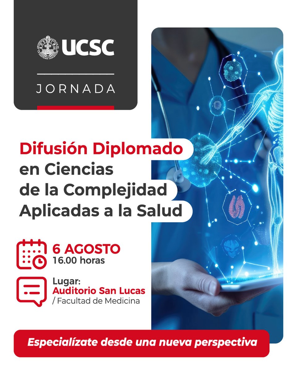ucscconcepcion's tweet image. 🩺 Nuestra Universidad te invita a la jornada de difusión del Diplomado en Ciencias de la Complejidad Aplicadas a la Salud.
¡Especialízate desde una nueva perspectiva!
👉🏻 Inscríbete aquí: pages.services/difusion.admis…