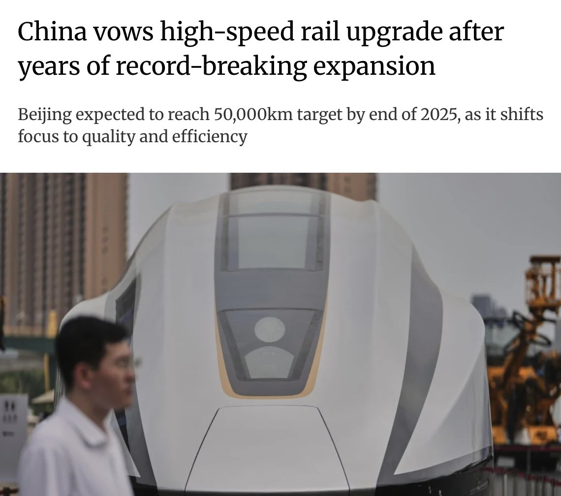 agent_of_change's tweet image. By the end of 2025, China will have 50,000 kilometres of high-speed rail.
By the end of 2025, the US will still have approximately 80 kilometres of high-speed rail.