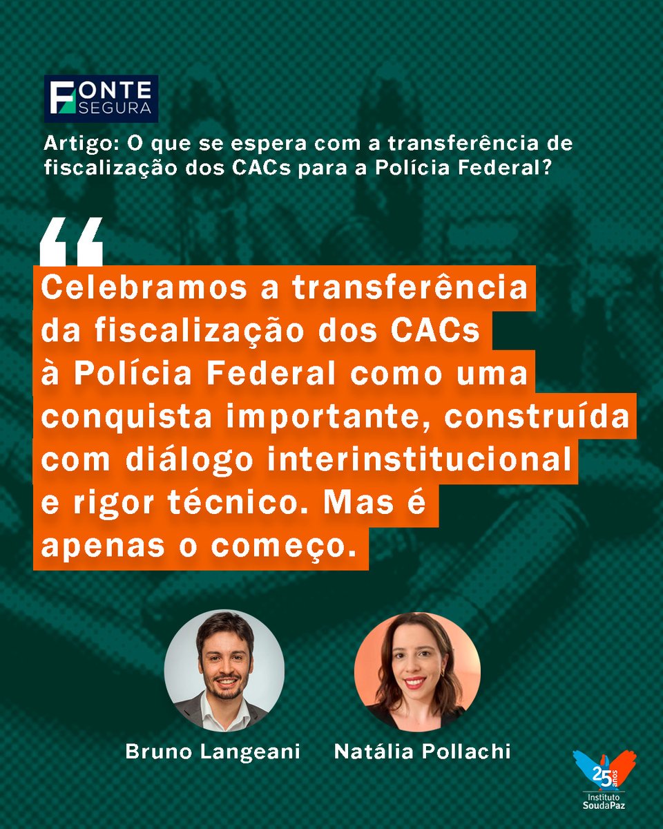 Instituto Sou da Paz (@isoudapaz) on Twitter photo Em artigo para o portal "Fonte Segura", <a href="/blangeani/">Bruno Langeani</a>, nosso consultor sênior, e <a href="/napollachi/">Natália Pollachi</a>, nossa diretora de projetos, celebram a transferência da fiscalização dos CACs para a PF e comentam sobre pontos de atenção e os principais aspectos da mudança. Leia: fontesegura.forumseguranca.org.br/alarmados-e-de… Em artigo para o portal "Fonte Segura", <a href="/blangeani/">Bruno Langeani</a>, nosso consultor sênior, e <a href="/napollachi/">Natália Pollachi</a>, nossa diretora de projetos, celebram a transferência da fiscalização dos CACs para a PF e comentam sobre pontos de atenção e os principais aspectos da mudança. Leia: fontesegura.forumseguranca.org.br/alarmados-e-de…