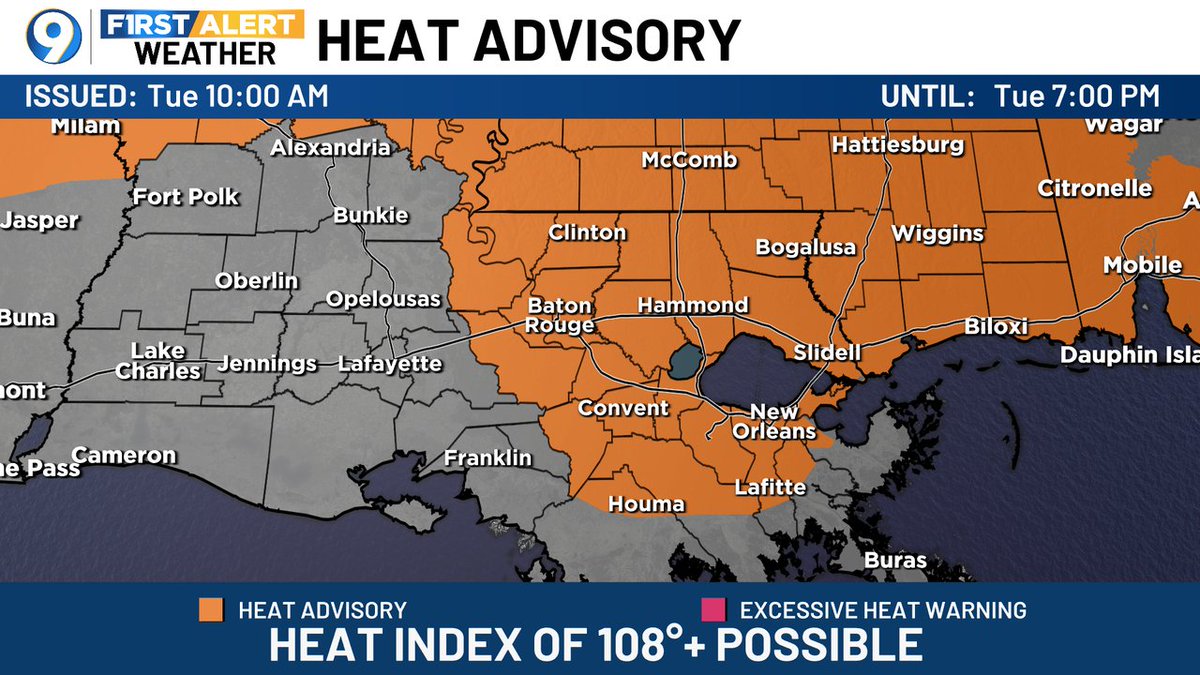 SteveWAFB's tweet image. A Heat Advisory has been posted for the areas in orange. Heat index values could reach/exceed 108 degrees. More >> wafb.com/weather?utm_me… #LAwx