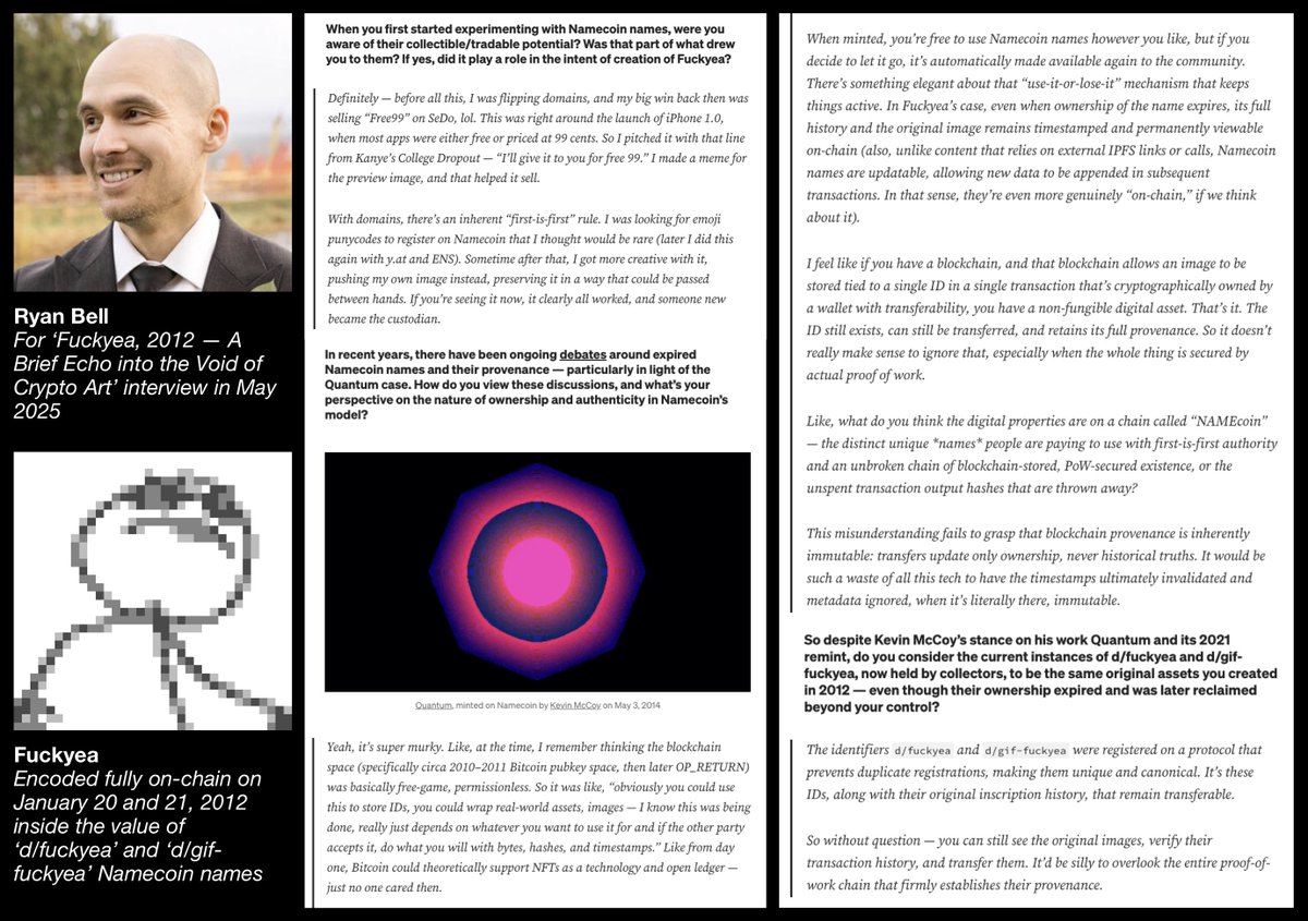 Both Kevin McCoy and Ryan Bell lost ownership of their respective Namecoin creations—Quantum (2014) and Fuckyea (2012)—yet their views on provenance differ. Ryan stands by the original 2012 asset, while Kevin disowned the 2014 Quantum entry and reminted it on Ethereum in 2021.