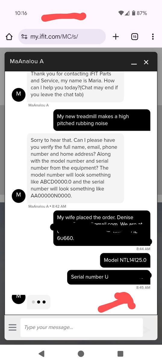The <a href="/NordicTrack/">NordicTrack</a> customer service through <a href="/iFit/">iFIT</a> is starting to feel like a sham. Left hanging today on the chat for more than 90 minutes. This after waiting on the phone for that long on 3 different tries. A $2000 treadmill starts a high pitched whine in less than a week.