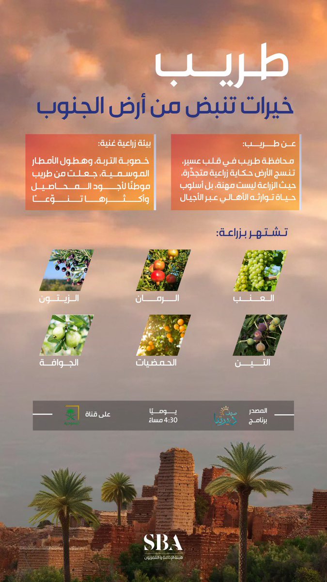 مزارع طريب في منطقة عسير؛ واحة خضراء تنبض بالتنوّع وتنتج محاصيل فاخرة تجسّد خصوبة الأرض وجودة الإنتاج. 

#هيئة_الإذاعة_والتلفزيون