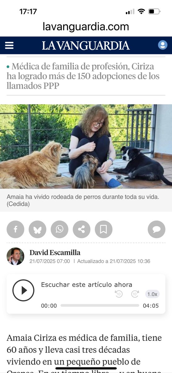 LA VANGUARDIA 

Hoy lunes (21 julio)
publico en <a href="/LaVanguardia/">La Vanguardia</a> 
la entrevista con Amaia Ciriza.

“Para mí, los perros potencialmente peligrosos son los más adorables de la galaxia; en cuanto das el paso y pones uno en tu vida, todo te sonríe”.

lavanguardia.com/mascotas/testi…