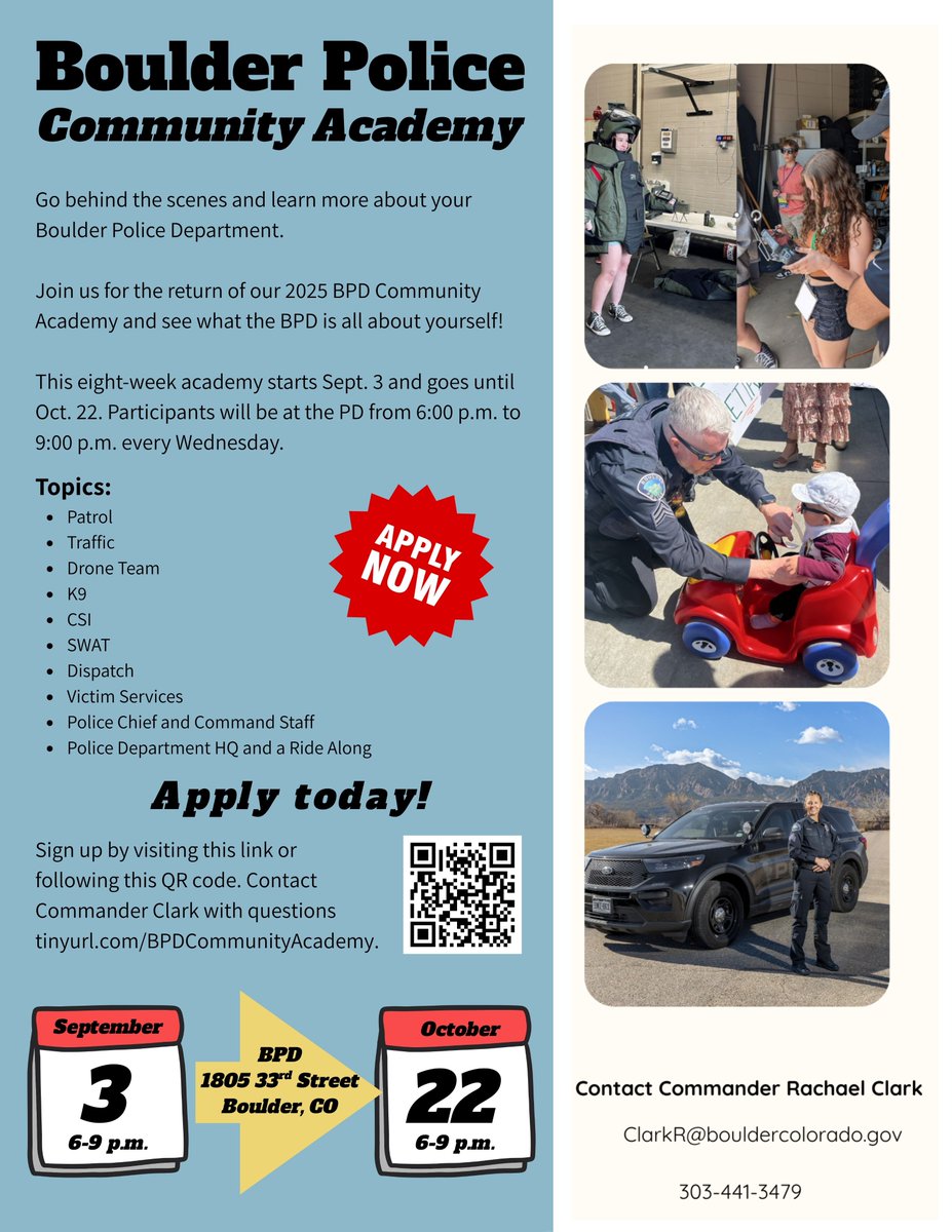 boulderpolice's tweet image. Sign Up for the 2025 Boulder Police Community Academy!

The Community Academy is BACK for its second year to help our residents learn more about what their police officers do here in Boulder.

The expanded 8-week academy starts Sept. 3 and goes until Oct. 22. It’s a 3-hour class…